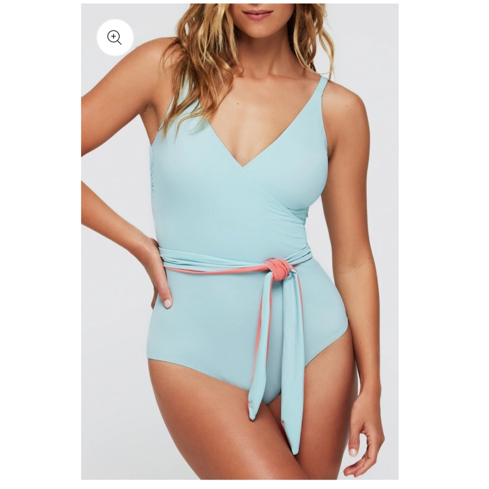 Hermoza Tan Swimsuit with Light Blue Trim